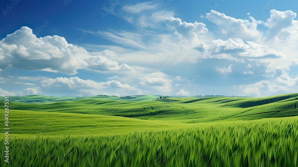 Stunning rural panorama, boundless countryside beauty, sweeping green meadows, tranquil farmland, serene agricultural view, abundant harvest, rural serenity. Generated by AI.