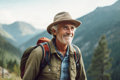 A shot of a retired senior adult male hiking in the mountains