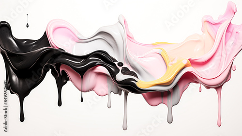 He creates a vivid painting with black and white contrast and dripping pastel colors.