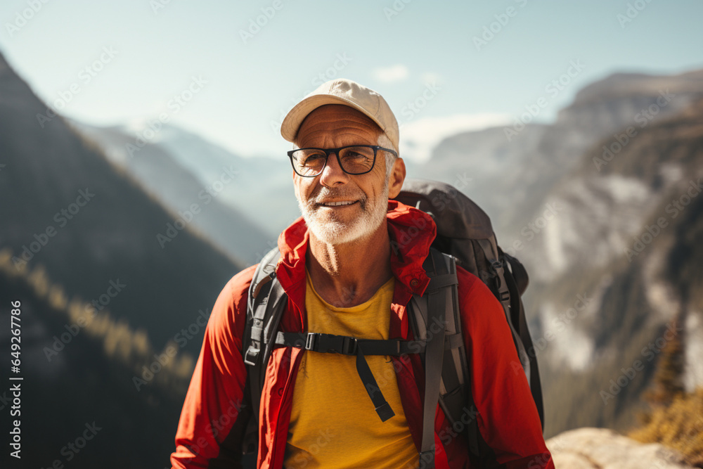 A shot of a retired senior adult male hiking in the mountains