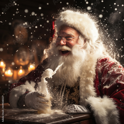 Merry Christmas and happy holidays! Santa Claus blows snow, ai technology