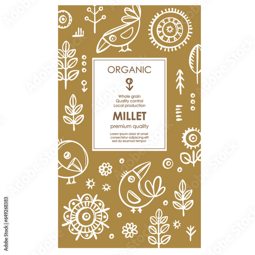 MILLET PACKAGING Groats Abstract Nature Modern Vector Template With White Birds And Plants On Beige Color Background Organic Design With Hand Drawn Illustration