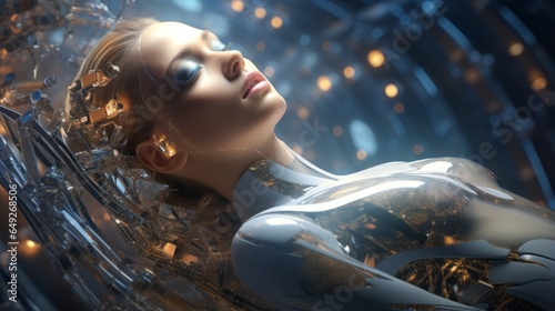 Beautiful cyborg woman sleeping on a futuristic bed