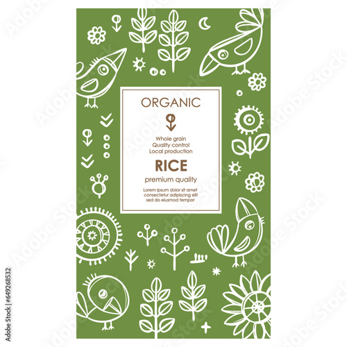RICE PACKAGING Groats Abstract Nature Modern Vector Template With White Birds And Plants On Green Color Background Organic Design With Hand Drawn Sketch