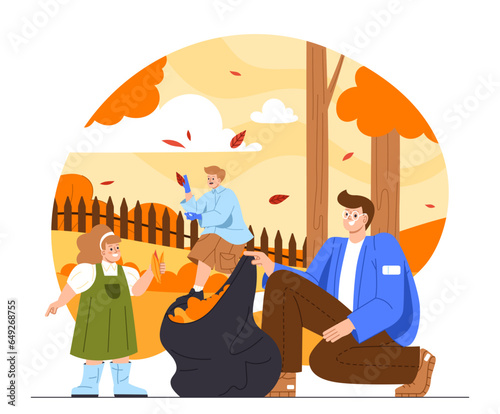 Family cleans yard concept. Kid and man near black bag with orange leaves. Father with daghter and son at backyard. Nature and environement. Poster or banner. Cartoon flat vector illustration