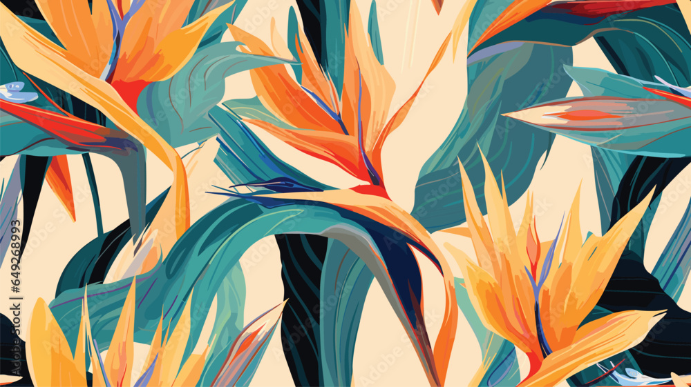 Exotic abstract tropical pattern with strelitzia flower or bird of paradise. Colorful botanical abstract contemporary seamless pattern