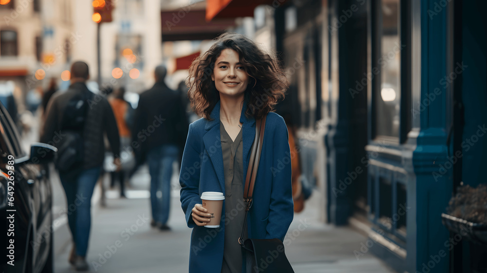 Portrait of beautiful young woman walking confidently down a city street, stylish pretty woman walking down narrow city street, flying hair