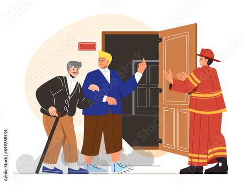 Firefighter evacuate people concept. Specialist in protective uniform helps young guy and grandfather leave premises. Fireman saves citizens from fire. Cartoon flat vector illustration