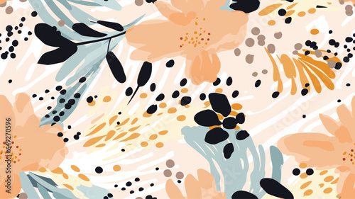 Floral seamless vector pattern with leopard print. Modern trendy style. Pastel colors. Fashionable template for design