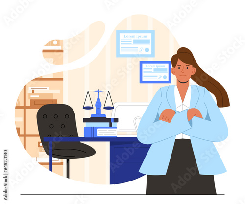 Lawyer at room concept. Woman in suit at background of certificates and documents. Legal support of deals and agreements. Laws and democracy. Cartoon flat vector illustration