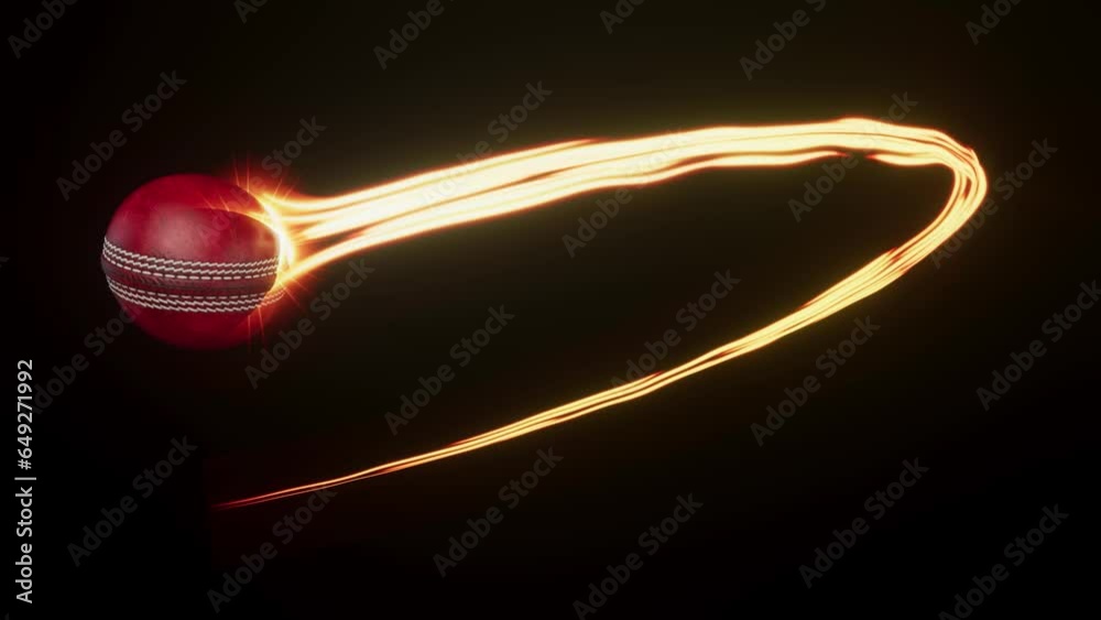 A red cricket sport ball swooping in an arc shape through the air with a flowing travelling trail of glowing wispy lights on an isolated black background with alpha channel