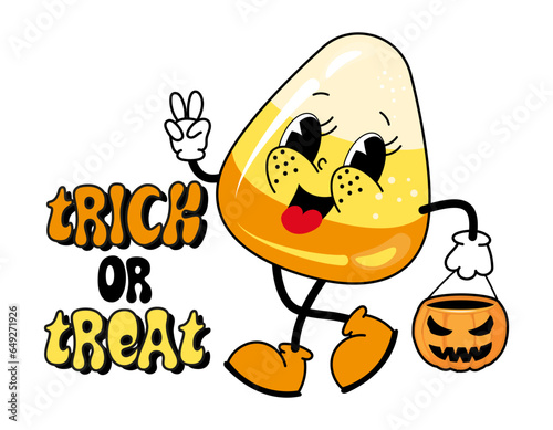 Trick or Treat -  Happy autumn illustration with candy corn character. Funny retro autumn Halloween card with vintage cartoon pumpkin character in groovy 70s retro style.