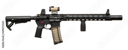 Modern automatic rifle isolated on white background. Weapons for police, special forces and the army. A carbine with red dot sight and silencer on a white back.