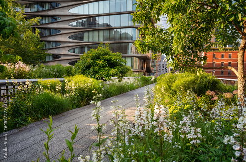 Fototapeta Naklejka Na Ścianę i Meble -  The High Line promenade in summer. Elevated greenway park in the heart of Chelsea, Manhattan. New York City