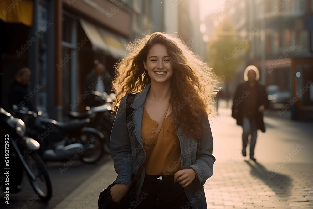 Portrait of beautiful young woman walking confidently down a city street, stylish pretty woman walking down narrow city street, flying hair Portrait of beautiful young woman walking confidently down a city street, stylish pretty woman walking down narrow city street, flying hair