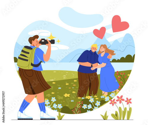 Outdoor photo shoot concept. Man with camera photographs young couple in clearing with mountains in background. Travel and tourism, active lifestyle. Cartoon flat vector illustration