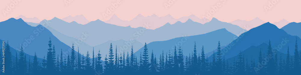 Fototapeta premium Sunrise in the mountains, seamless border, panoramic view, vector illustration 