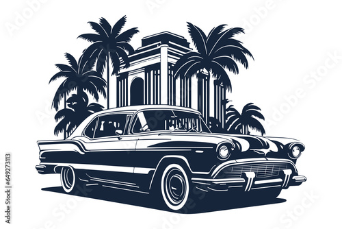 Classic american car style. Vintage vehicle vector illustration. Modern print design of retro machine.