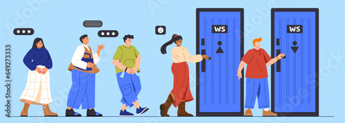 Queue to toilet concept. People waiting in line. Men and women want to piss. Characters inside standing near doors with male and female silhouette. Cartoon flat vector illustration