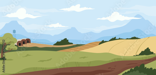 Rural countryside scenery concept. Hills with bushes and trees. Beautiful natural panorama and landscape. Spring and summer season. Poster or banner. Cartoon flat vector illustration