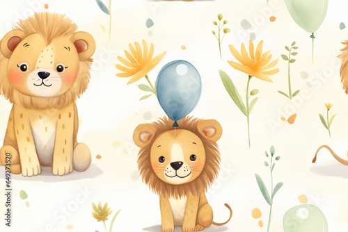 watercolor birthday party safari animals, cute simple lion, simple nursery illustration