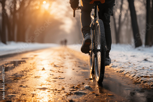 close up man riding a bicycle on a road in a winter snow © AspctStyle