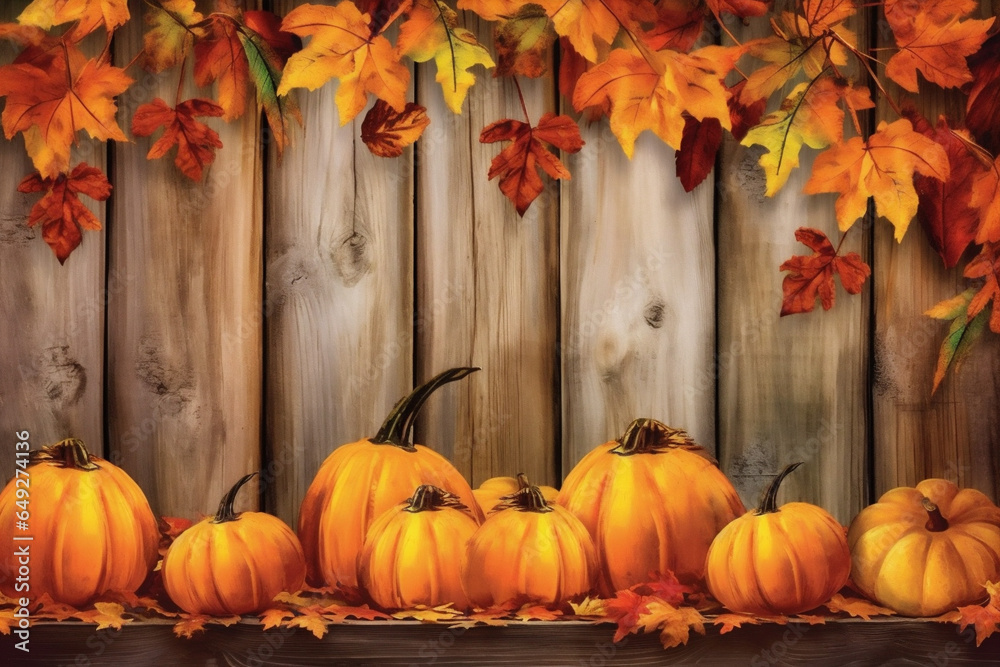 leaf pumpkin season wooden background autumn halloween orange fall plant wood. Generative AI.