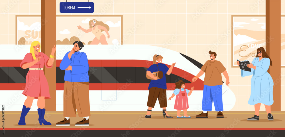 People at subway station concept. Men and women with kids near train. Urban infrastructure, travels and trips to city. Citizens at railroad platform. Cartoon flat vector illustration