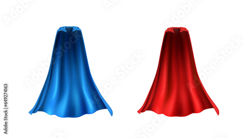 Cape set isolated on white background. 3d red and blue superhero cloaks. Vector silk flying super hero clothes, halloween children vampire costume, satin theatre cloth or mantle