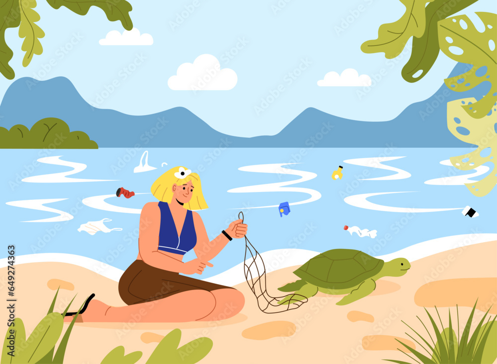 Woman rescue turtle concept. Young girl ith net near animal. Care about ecology and nature. Trash and sea or ocean. Consequences of environmental pollution. Cartoon flat vector illustration