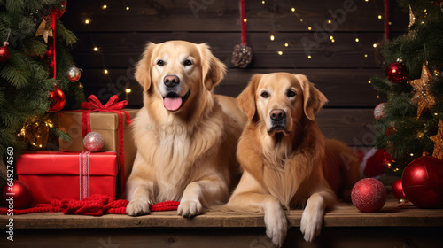 golden retrievers with christmas decorations and presents