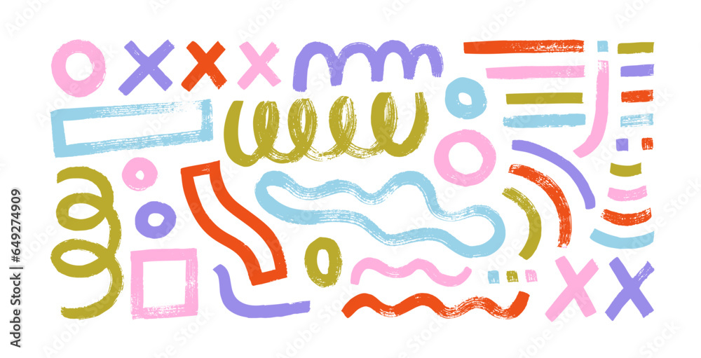 Funny colorful basic shapes, random childish doodle elements. Brush drawn geometric vector shapes in memphis style.