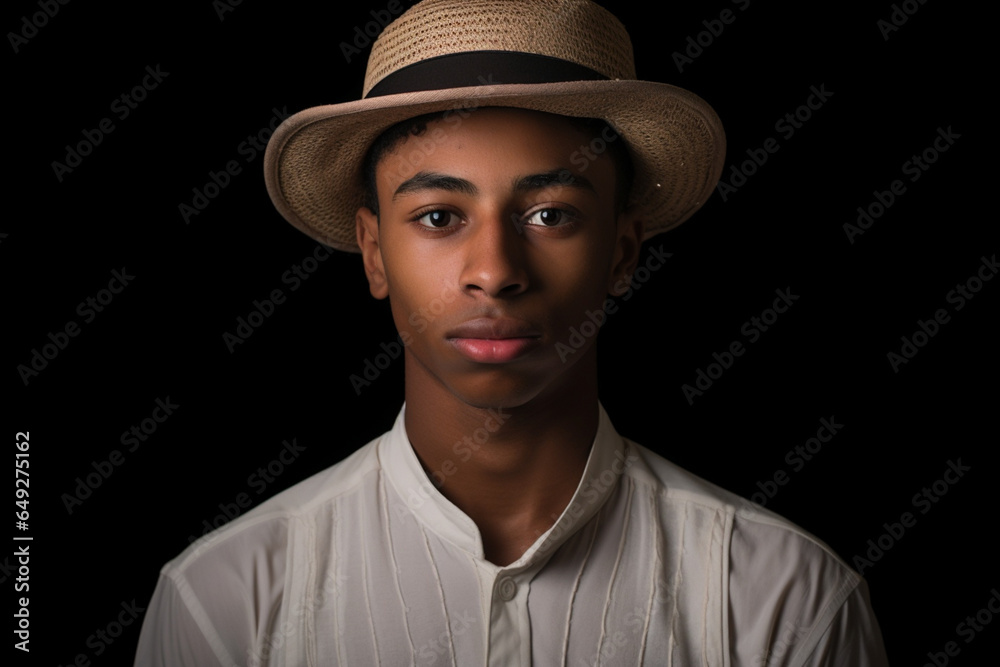 A cropped Portrait of an ethnic young man in cricket attire isolated on black A cropped Portrait of an ethnic young man in cricket attire isolated on black