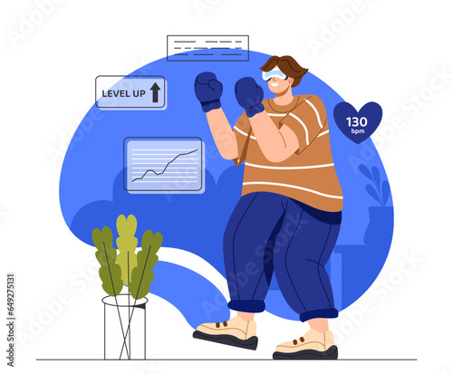 Man with virtual sports concept. Young guy in gloves and vr glasses indoor. Fitness in virtual reality. Cyberspace and metaverse. Active lifestyle and workout. Cartoon flat vector illustration
