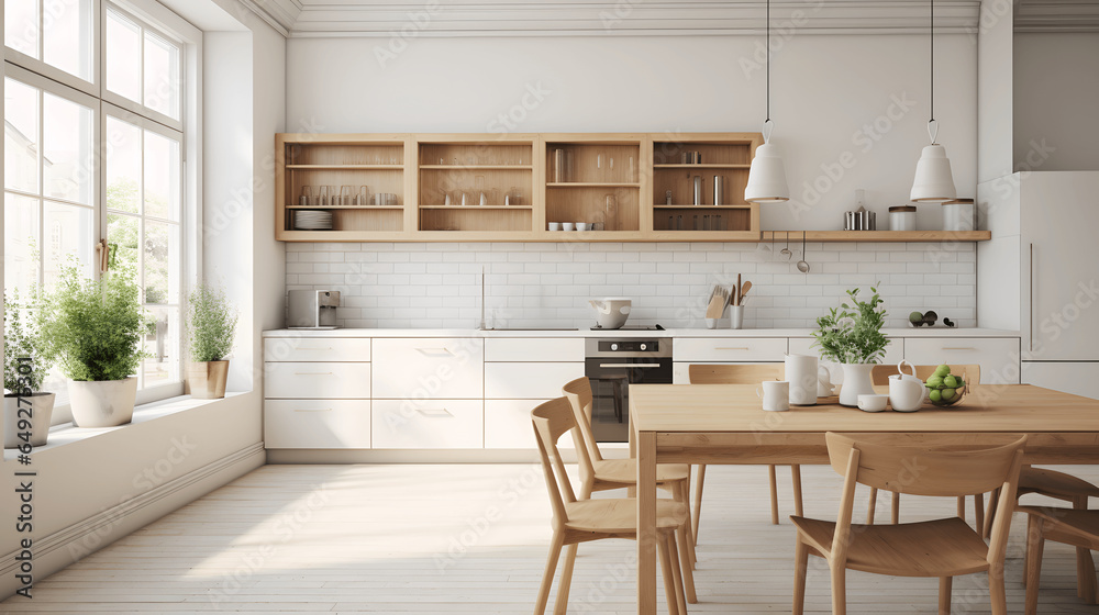 Empty minimalist kitchen with scandinavian style with wooden and white details, luxury kitchen interior in white tone