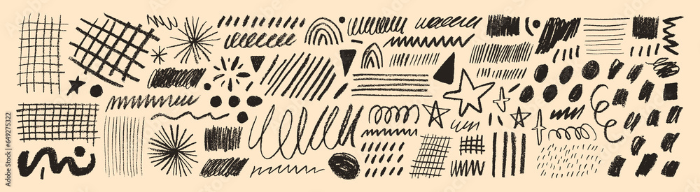 Various sketchy doodle shapes and lines. Charcoal or pencil grids, dots, stars, wavy lines, squiggle and swirls.