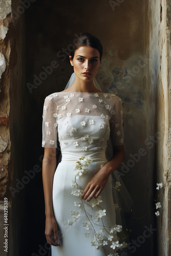 Charming bride in a white dress holds a bouquet of flowers in her hand