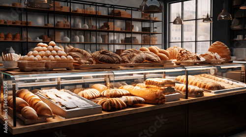 Various kinds of pastries and bread in wicker basket on modern bakery shop. Food and bakery in kitchen concept