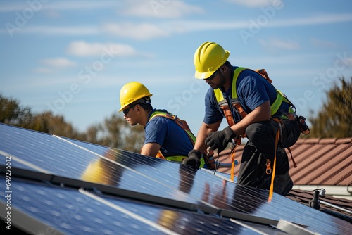 Engineers installing and connecting a solar panel system. Process of installing solar panels on the roof of a small house. Green energy and energy saving.