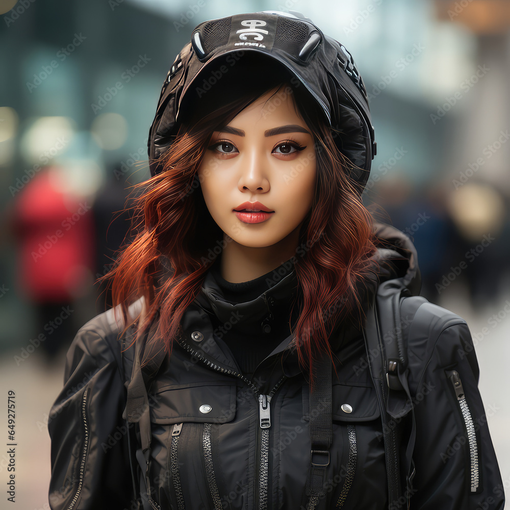 Ginger asian girl in a black biker jacket
