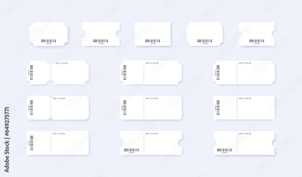 Blank ticket with barcode. Realistic mockup coupon template. Vector isolated illustration - obrazy, fototapety, plakaty 