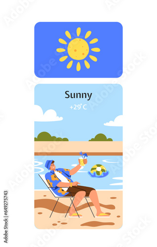 Weather scene sunny concept. Man at chair sitting outdoor at beach. Rest and relax in tropical and exotic country. Scene and panorama. Cartoon flat vector illustration isolated on white background