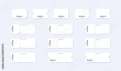 Blank ticket with barcode. Realistic mockup coupon template. Vector isolated illustration