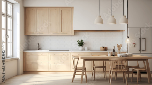 Empty minimalist kitchen with scandinavian style with wooden and white details. Luxury kitchen interior in white tone