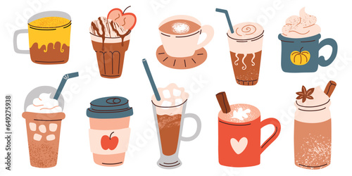 Coffee cups collection, autumn mood drinks in mugs and glasses, trendy cold brew and pumpkin spice latte, vector illustrations set, fall season doodles, thanksgiving and halloween, coffee house menu