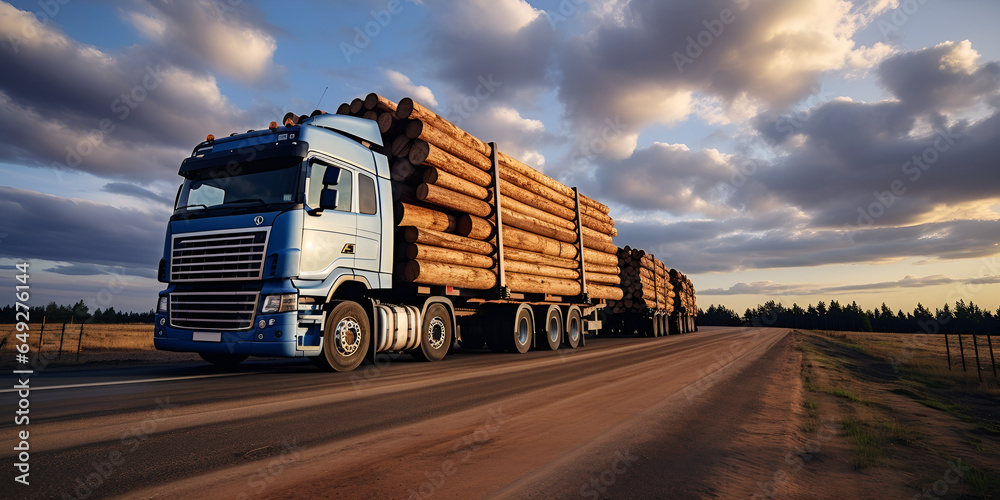 Truck Delivering Wood Lumber by  Road On Cloudy Stormy Day under the open sky
