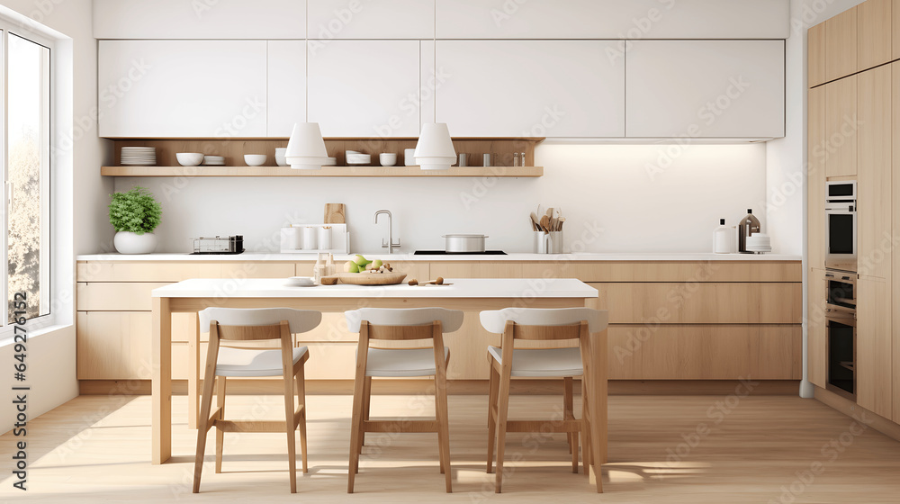Empty minimalist kitchen with scandinavian style with wooden and white details. Luxury kitchen interior in white tone Empty minimalist kitchen with scandinavian style with wooden and white details. Luxury kitchen interior in white tone