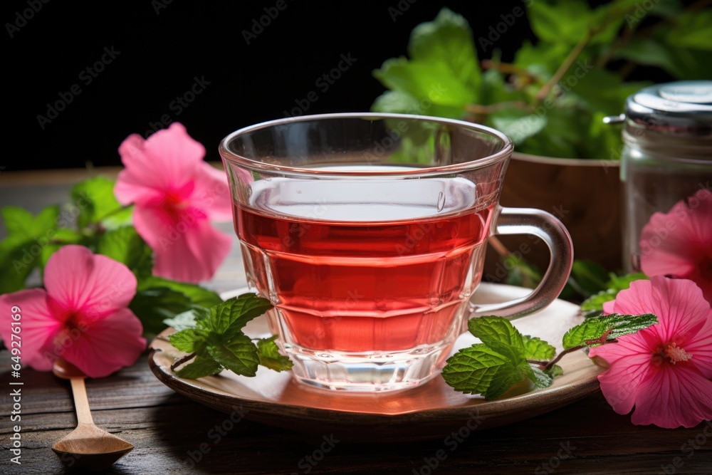 a transparent glass teacup of hibiscus tea a transparent glass teacup of hibiscus tea