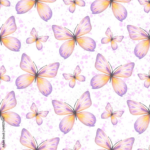 Watercolor seamless pattern with abstract purple butterflies. For fabric  textiles  wallpaper