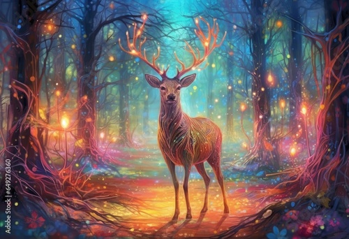 a deer standing in the forest with a glowing light, in the style of romantic illustrations